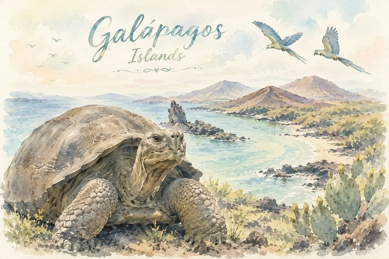 Illustration des îles Galápagos avec une tortue géante, des volcans et l’océan